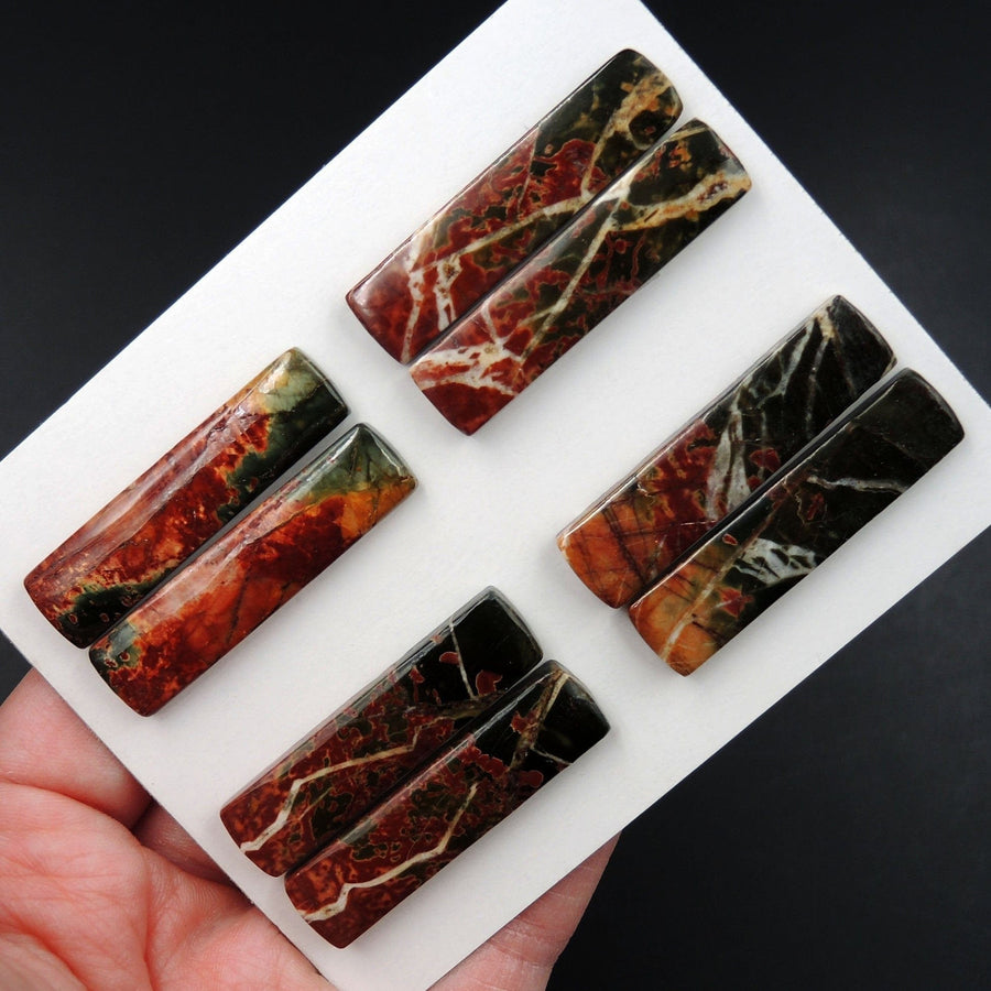 Undrilled Natural Red Creek Jasper Stone Cabochon Rectangle Matched Earring Pair Cab Picasso Jasper Cherry Creek Jasper Cabochon Set C326
