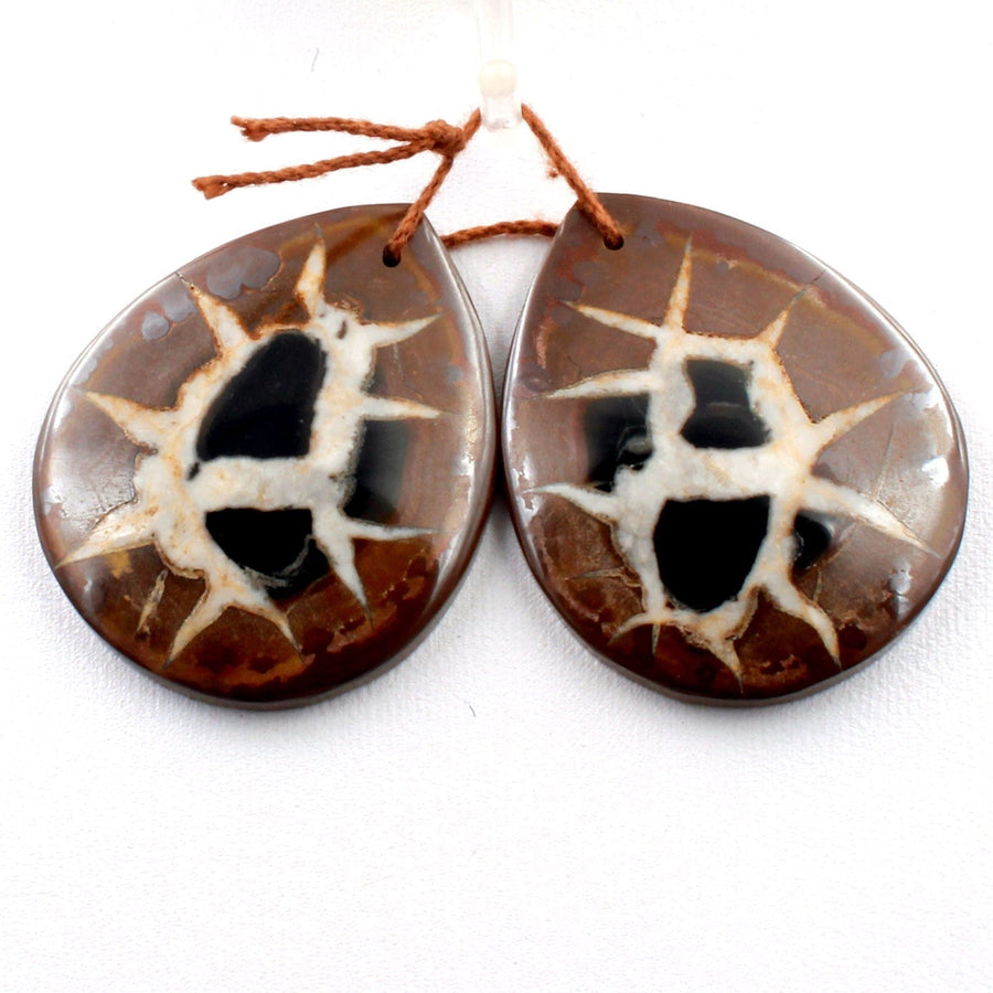 Natural Septarian Fossil Large Earring Pair Cabochon Cab Pair Drilled Teardrop Matched Earrings Black White Pattern Bead Pair