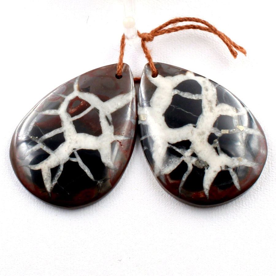 Natural Septarian Fossil Large Earring Pair Cabochon Cab Pair Drilled Teardrop Matched Earrings Black White Pattern Bead Pair
