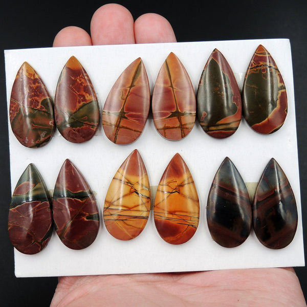 Undrilled Natural Red Creek Jasper Stone Cabochon Set Teardrop Matched Earring Pair Cab Picasso Jasper Cherry Creek Jasper Cabochon Set C297