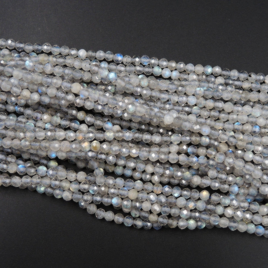 Micro Faceted Tiny Natural Light Grey Labradorite Round Beads 3.5mm Faceted Round Beads 16" Strand