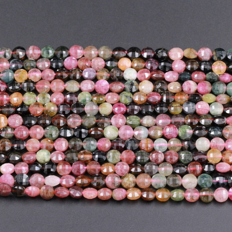 Natural Watermelon Tourmaline Faceted 6mm Coin Beads Micro Faceted Flat Disc Real Genuine Pink Green Tourmaline Gemstone 16" Strand
