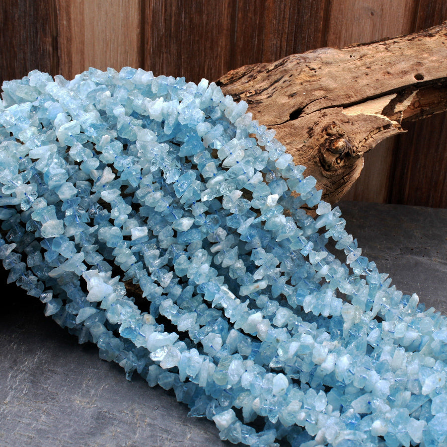 Rough Raw Natural Aquamarine Beads Freeform Nuggets Hand Hammered Chiseled Blue Aquamarine Gemstone Organic Cut Blue Beryl 16" Strand