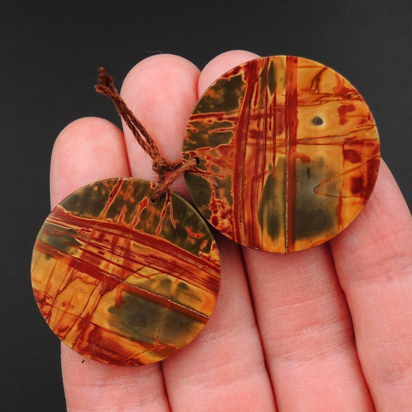 Red Creek Jasper Earring Pair Flat Circle Cabochon Cab Pair Drilled Matched Earrings Natural Stone Bead Pair E2798