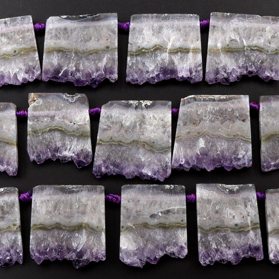 Large Drilled Amethyst Slice Pendants Focal Beads Raw Natural Purple Green Amethyst Stalactite Slab Side Drilled Gemstone 16" Strand