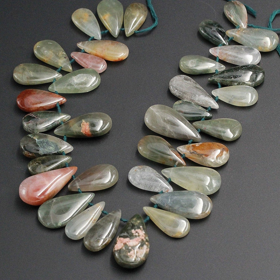 Natural Phantom Quartz Teardrop Focal Pendant Beads Top Side Drilled Natural Green Red Quartz Focal Beads Full 16" Strand