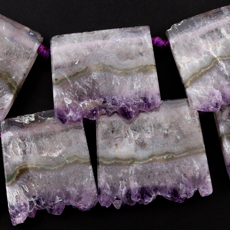 Large Drilled Amethyst Slice Pendants Focal Beads Raw Natural Purple Green Amethyst Stalactite Slab Side Drilled Gemstone 16" Strand