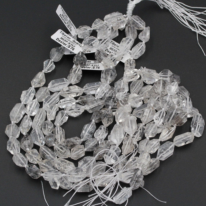 AAA Natural Raw Rough Tibetan Quartz Beads Drilled Double Terminated Points Super Clear Freeform Real Natural Crystal Nugget 16" Strand