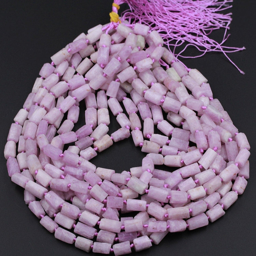 Organic Matte Finish Raw Natural Kunzite Tube High Quality Natural Violet Pink Purple Gemstone Bead Faceted Matte Tube Beads Full 16" Strand