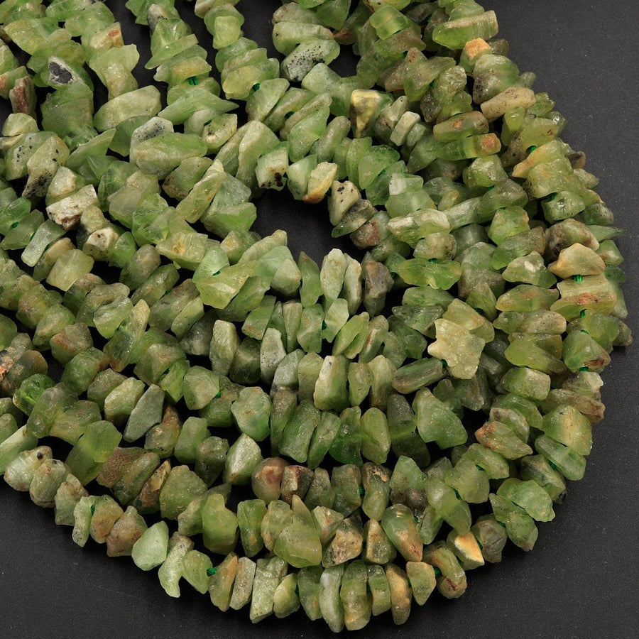 Natural Rough Peridot Beads Raw Peridot Thick Chip Nuggets Semi Polished Chunky Green Gemstone Organic Hand Hammered Nugget Full 18" Strand