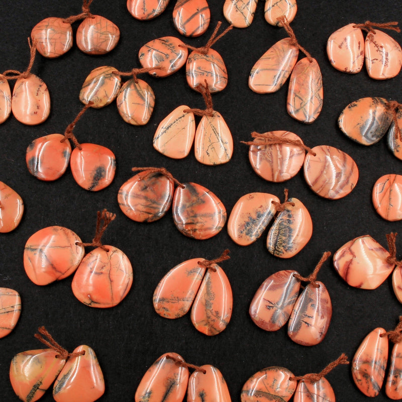 Drilled Rare Natural Utah Black Feather Jasper Earring Cabochon Cab Pair Freeform Matched Bead Pair American Jasper