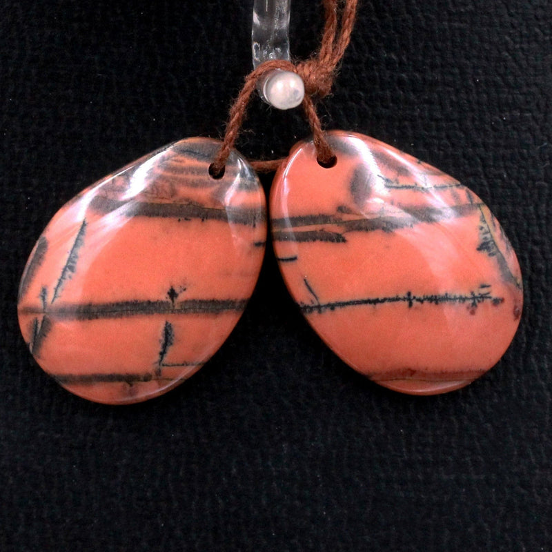 Drilled Rare Natural Utah Black Feather Jasper Earring Cabochon Cab Pair Freeform Matched Bead Pair American Jasper