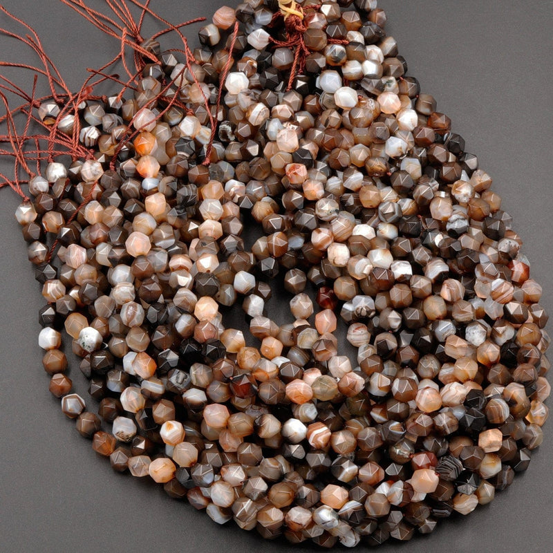 Star Cut Natural Tibetan Agate Beads Faceted 8mm Rounded Nugget Sharp Facets Brown Black Agate 15" Strand