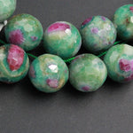 Large Faceted Natural Ruby Fuchsite Ruby Fuschite Round Beads 14mm Faceted Beads Real Genuine Red Ruby Green Fuchsite Gemstone 16" Strand