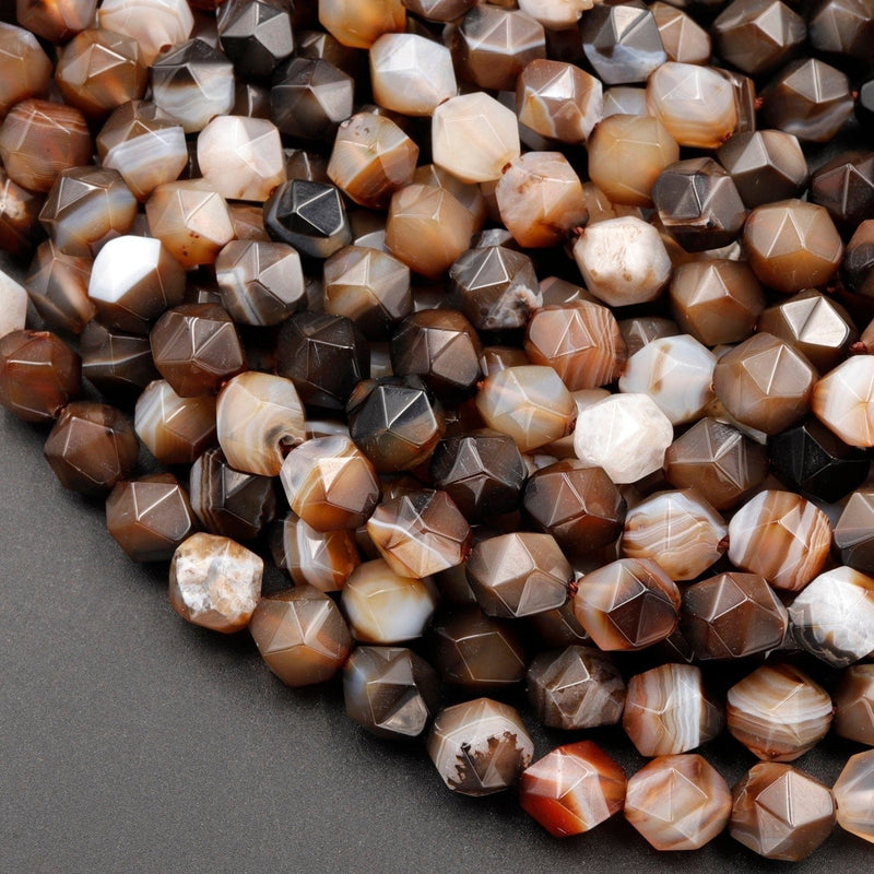 Star Cut Natural Tibetan Agate Beads Faceted 8mm Rounded Nugget Sharp Facets Brown Black Agate 15" Strand