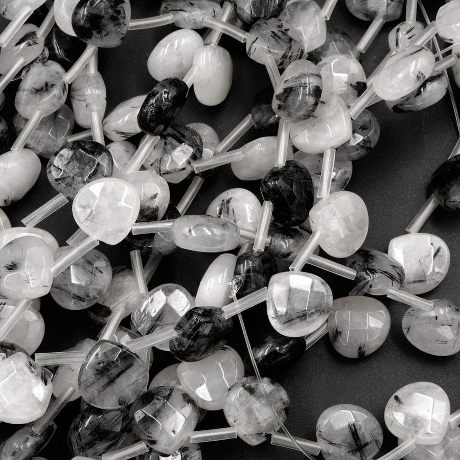 Black Rutilated Quartz Faceted Pear Teardrop Beads 10mm 12mm Natural Black Tourmaline in Clear Quartz Gemstone 16" Strand