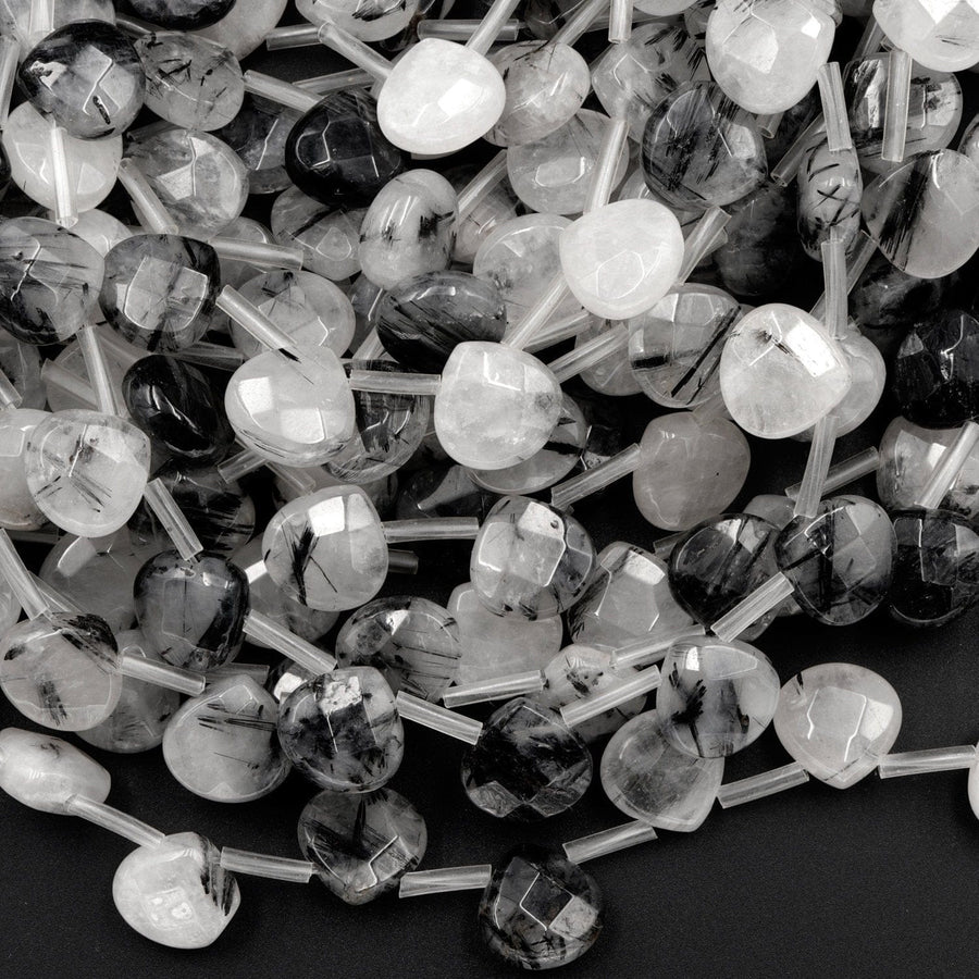 Black Rutilated Quartz Faceted Pear Teardrop Beads 10mm 12mm Natural Black Tourmaline in Clear Quartz Gemstone 16" Strand
