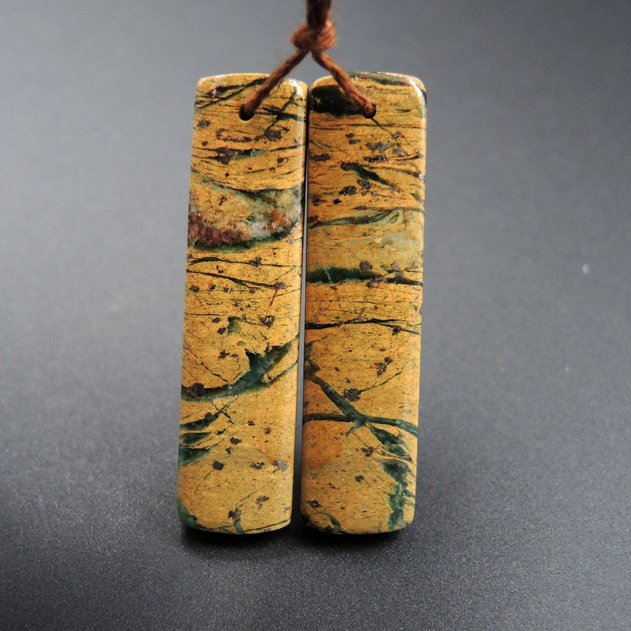 Drilled Natural Green Canyon Jasper Earring Pair Rectangle Cabochon Cab Pair Drilled Matched Earrings Bead Pair E1703