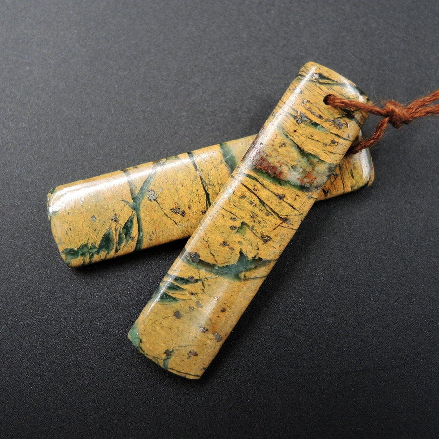 Drilled Natural Green Canyon Jasper Earring Pair Rectangle Cabochon Cab Pair Drilled Matched Earrings Bead Pair E1703