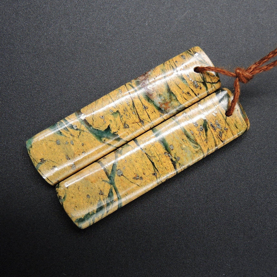 Drilled Natural Green Canyon Jasper Earring Pair Rectangle Cabochon Cab Pair Drilled Matched Earrings Bead Pair E1703