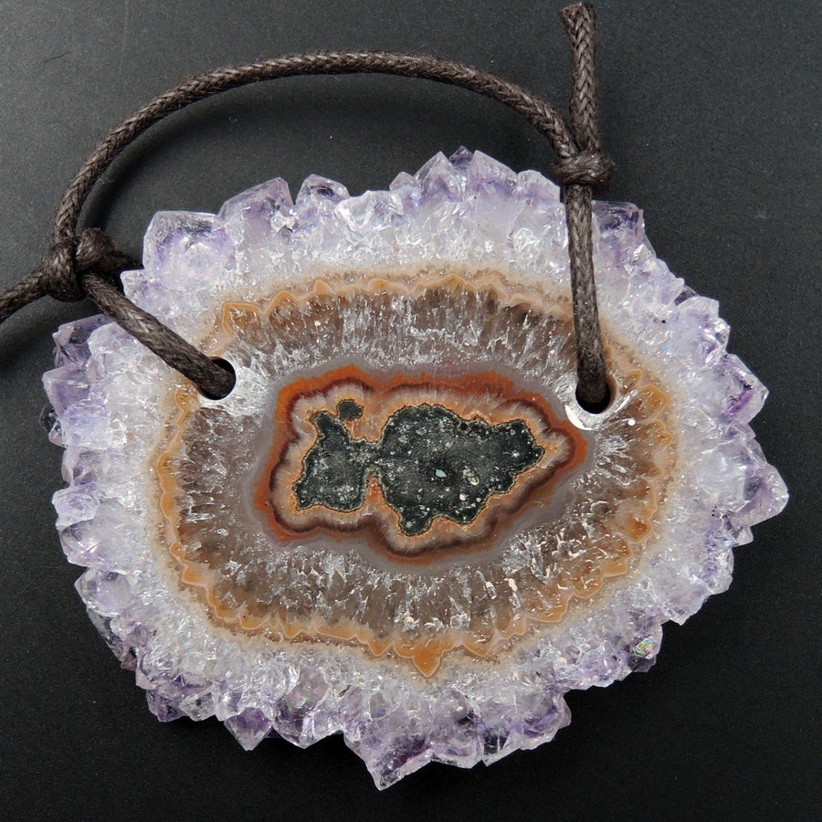 Large 2 Hole Pendant Amethyst Stalactite Flower Pendant Drilled Stalactite Cabochon Natural Gemstone Pendant Bead Good For Leather P1983