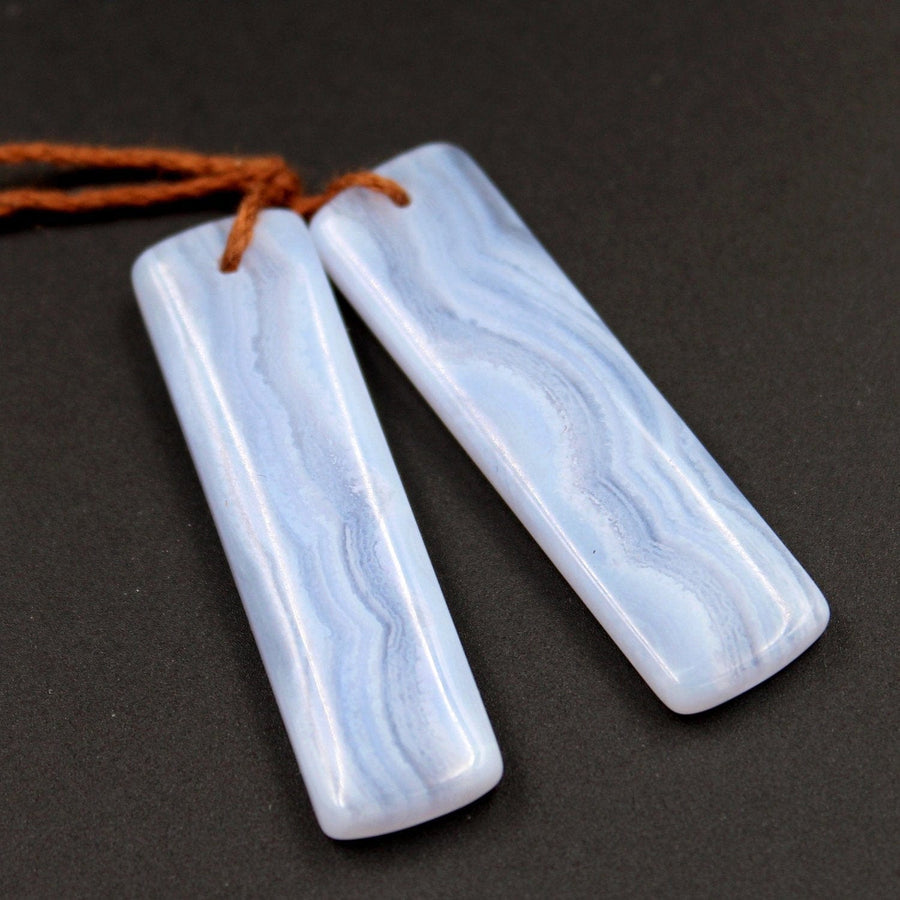 Drilled Natural Blue Lace Agate Earring Pair Gemstone Earring Cabochon Cab Pair Long Rectangle Matched Earrings Beads Real Gemstone