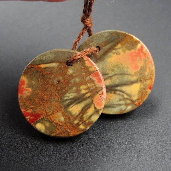Natural Red Creek Jasper Earring Pair Cabochon Cab Pair Drilled Circle Round Matched Earrings Bead Pair E1678
