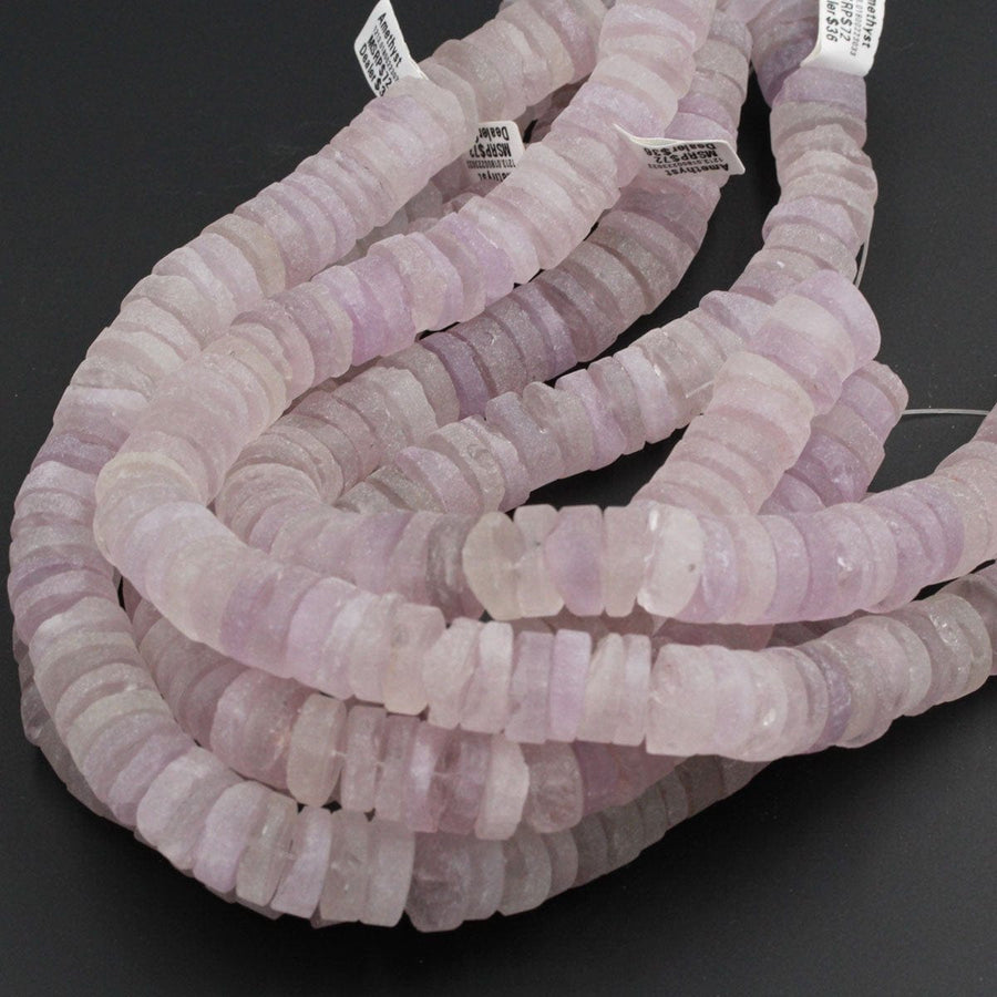 Large Matte Natural Amethyst Rondelle Wheel Disc Beads Rough Raw Organic Natural Soft Violet Lavender Purple Amethyst Beads 16" Strand