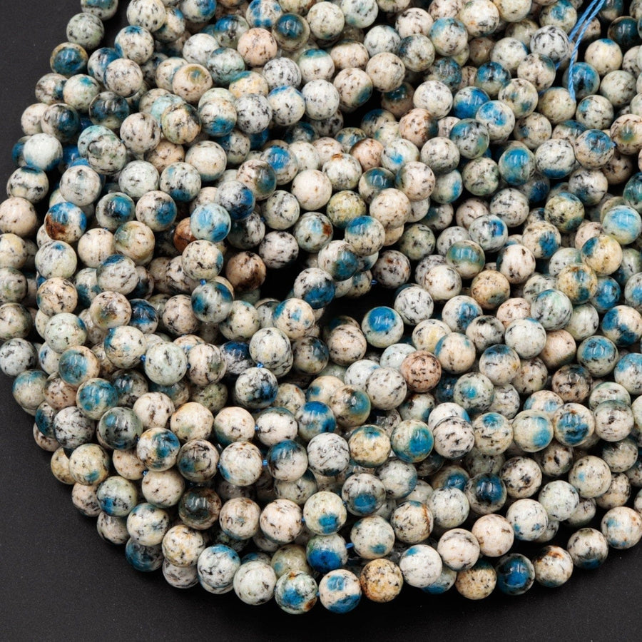 AA Rare K2 Beads 6mm 8mm 10mm Round Beads Natural Blue Azurite in Quartz Granite Real Genuine K2 Beads from Pakistan Afghanistan 16" Strand