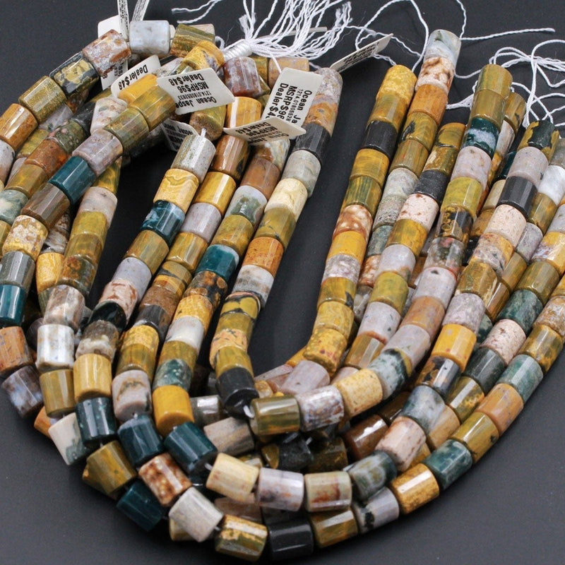 Natural Ocean Jasper Beads Faceted Cylinder Tube Drum Nuggets Vibrant Green Yellow Red Brown High Quality Ocean Jasper Gemstone 16" Strand