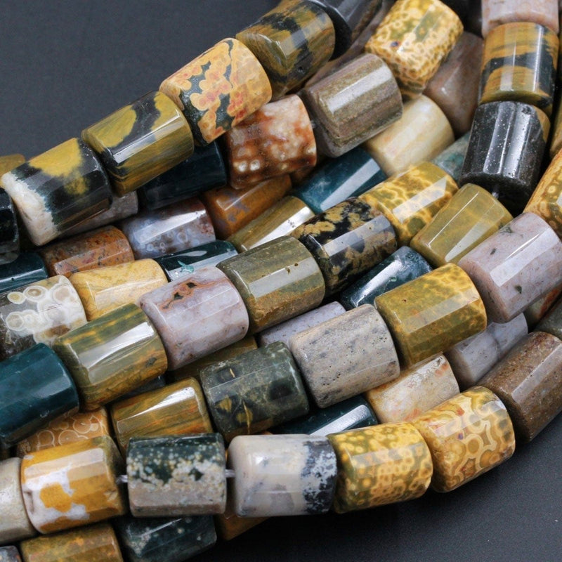 Natural Ocean Jasper Beads Faceted Cylinder Tube Drum Nuggets Vibrant Green Yellow Red Brown High Quality Ocean Jasper Gemstone 16" Strand