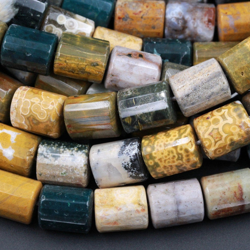 Natural Ocean Jasper Beads Faceted Cylinder Tube Drum Nuggets Vibrant Green Yellow Red Brown High Quality Ocean Jasper Gemstone 16" Strand