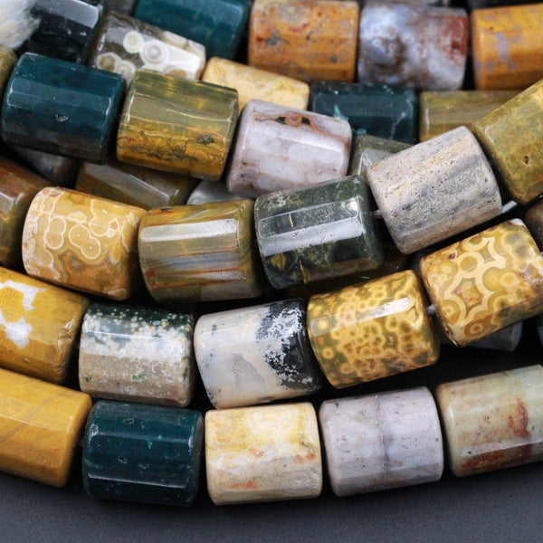 Natural Ocean Jasper Beads Faceted Cylinder Tube Drum Nuggets Vibrant Green Yellow Red Brown High Quality Ocean Jasper Gemstone 16" Strand