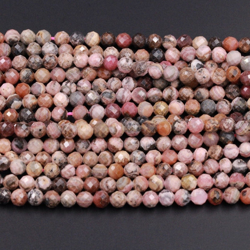 Micro Faceted Natural Pink Rhodochrosite 6mm Faceted Round Beads Laser Diamond Cut Gemstone 16" Strand