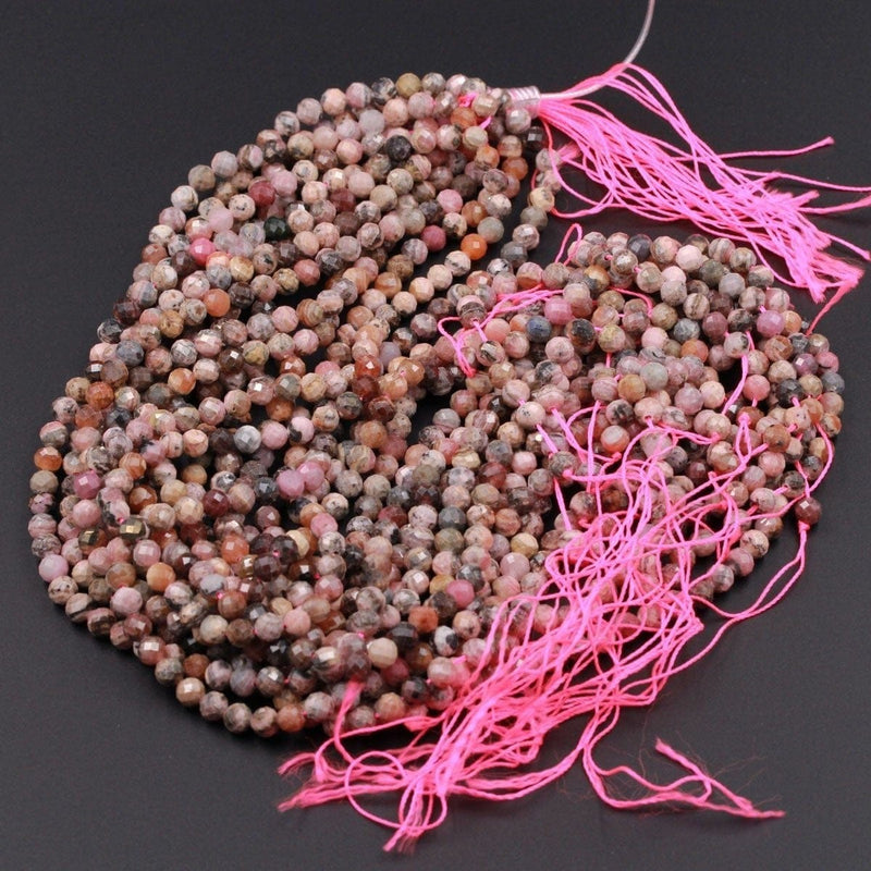 Micro Faceted Natural Pink Rhodochrosite 6mm Faceted Round Beads Laser Diamond Cut Gemstone 16" Strand