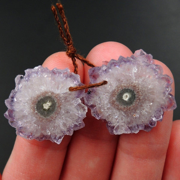 Natural Amethyst Stalactite Flower Earring Pair Cabochon Cab Pair Drilled Matched Earrings Bead Pair E3256