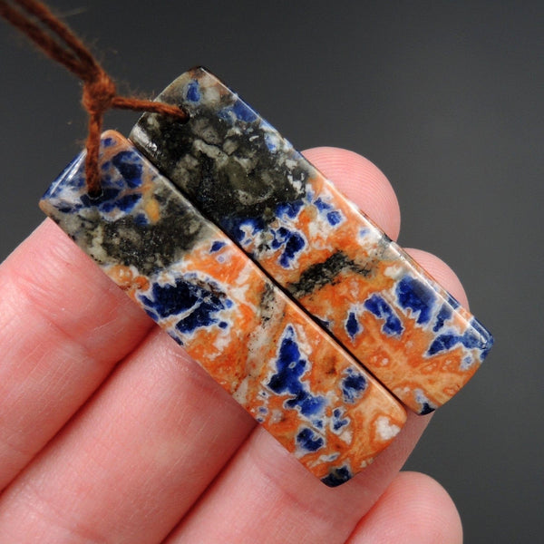 African Orange Sodalite Rectangle Cabochon Cab Pair Drilled Matched Earrings Bead Pair Natural Stone E2594
