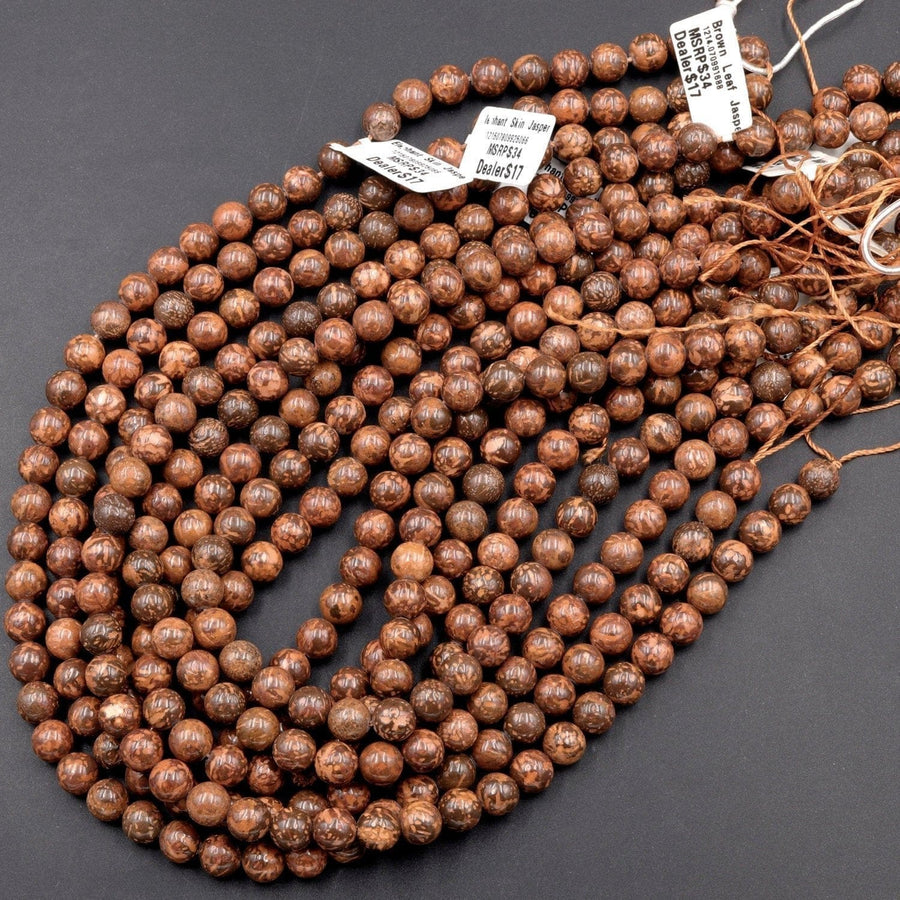 Natural Brown Leaf Jasper 4mm 6mm 8mm 10mm Round Beads Earthy Red Brown Stone 16" Strand