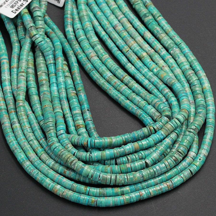 Genuine 100% Natural Turquoise Heishi Beads 7mm Rondelle Genuine Bright Blue Green Turquoise Beads Center Drilled Full 16" Strand