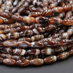 Natural Tibetan Agate Barrel Drum Tube Beads Highly Polished Smooth Dark Brown White Agate  Amazing Veins Bands Strikes 16" Strand