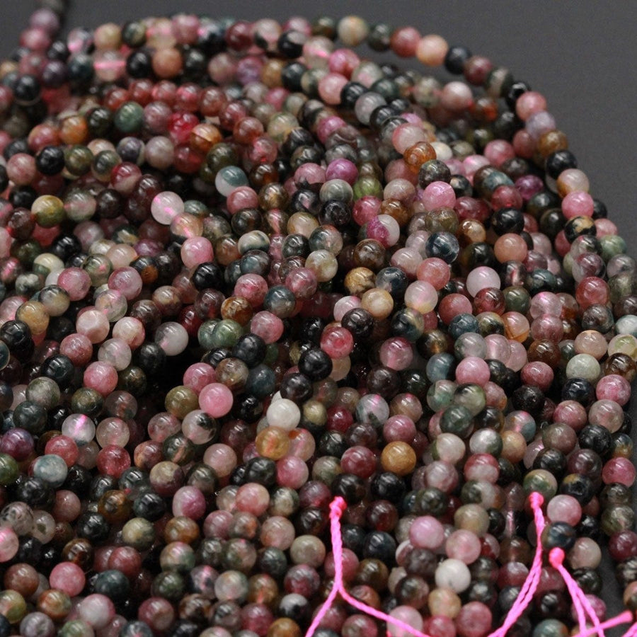 Natural Multicolor Pink Green Blue Tourmaline Round Beads 4mm Colorful Real Genuine Tourmaline Gemstone Beads 16" Strand