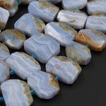 Natural Blue Lace Agate Beads Large Faceted Rectangle Beads Blue Chalcedony Focal Bead Pendant Interesting Yellow Brown Matrix 16" Strand