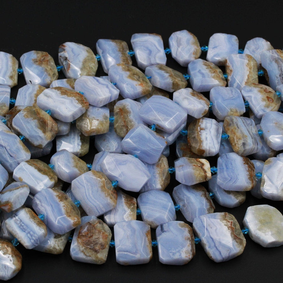 Natural Blue Lace Agate Beads Large Faceted Rectangle Beads Blue Chalcedony Focal Bead Pendant Interesting Yellow Brown Matrix 16" Strand