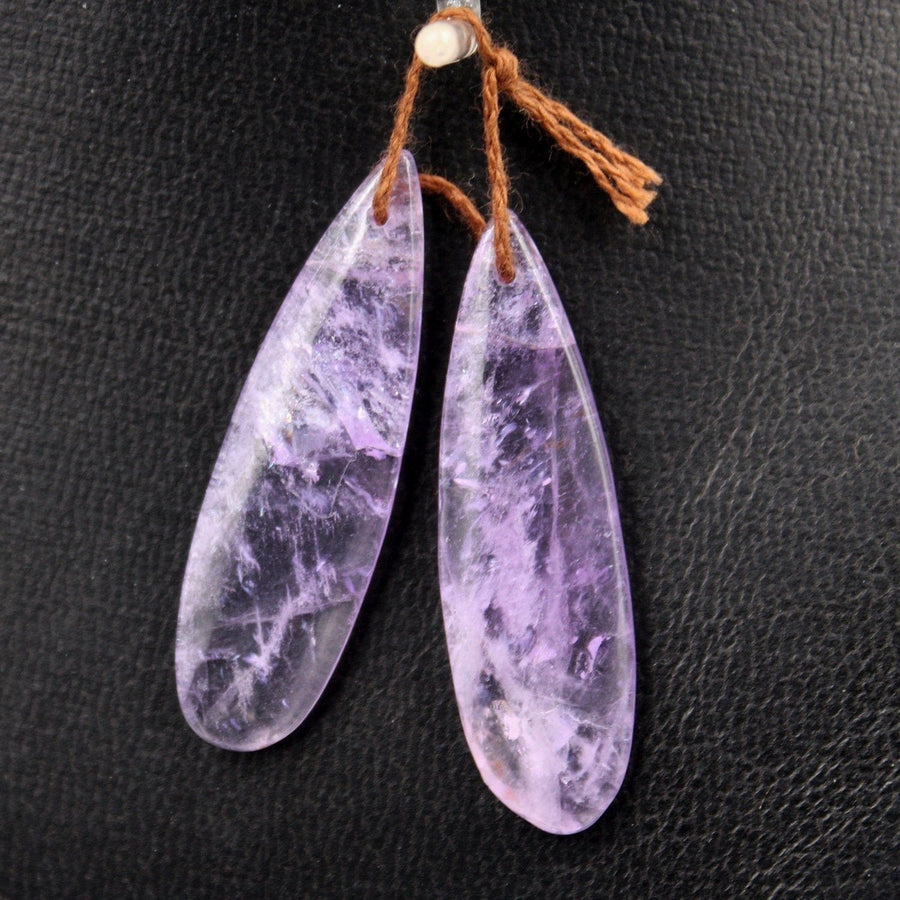 Drilled Natural Amethyst Earring Pair Long Teardrop Cabochon Cab Pair Matched Bead Pair Real Genuine Lilac Purple Gemstone Pair E5011