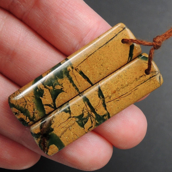 Drilled Natural Green Canyon Jasper Earring Pair Rectangle Cabochon Cab Pair Drilled Matched Earrings Bead Pair E3141