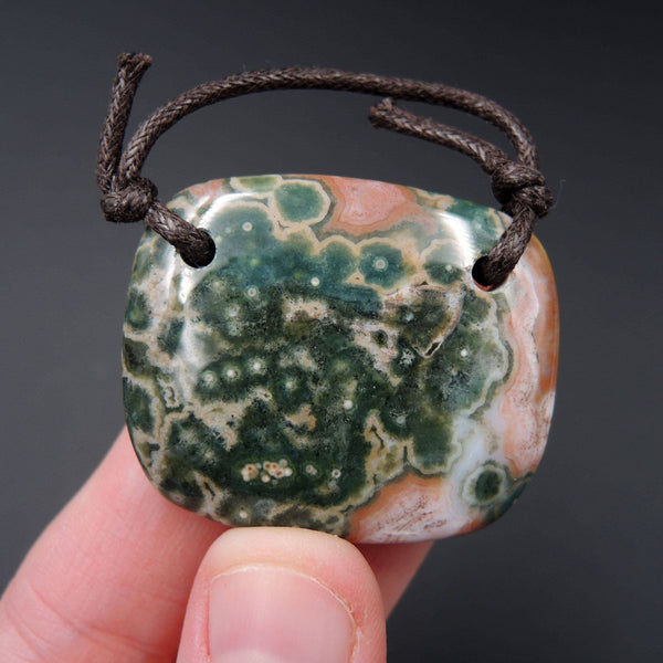 Natural Ocean Jasper Pendant Green Orange Pink White Drilled Two Hole Pendant P445