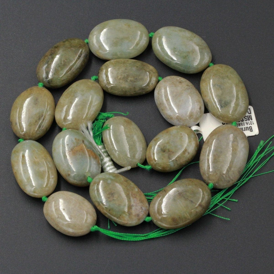 A Grade Natural Burmese Jade 20mm Large Puffy Thick Oval Beads Gemmy Nuggets Real Genuine Natural Green Burma Jade Gemstone 16" Strand