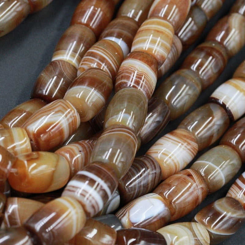Large Natural Tibetan Agate Beads Highly Polished Smooth Drum Barrel Tube Nuggets Amazing Veins Bands Stripes Brown White Agate 16" Strand