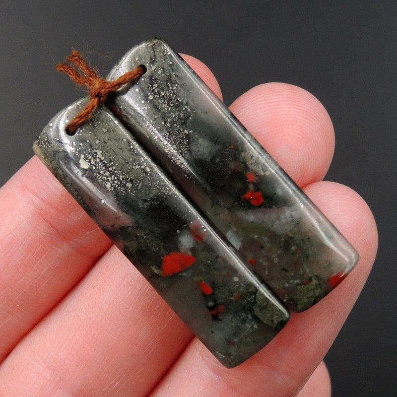 Drilled Earring Pair Stone Natural African Bloodstone Pyrite Matched Cabochon Pair Cab Pair Symmetrical Rectangle Shaped Earring Beads E3094