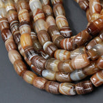 Large Natural Tibetan Agate Beads Highly Polished Smooth Drum Barrel Tube Nuggets Amazing Veins Bands Stripes Brown White Agate 16" Strand